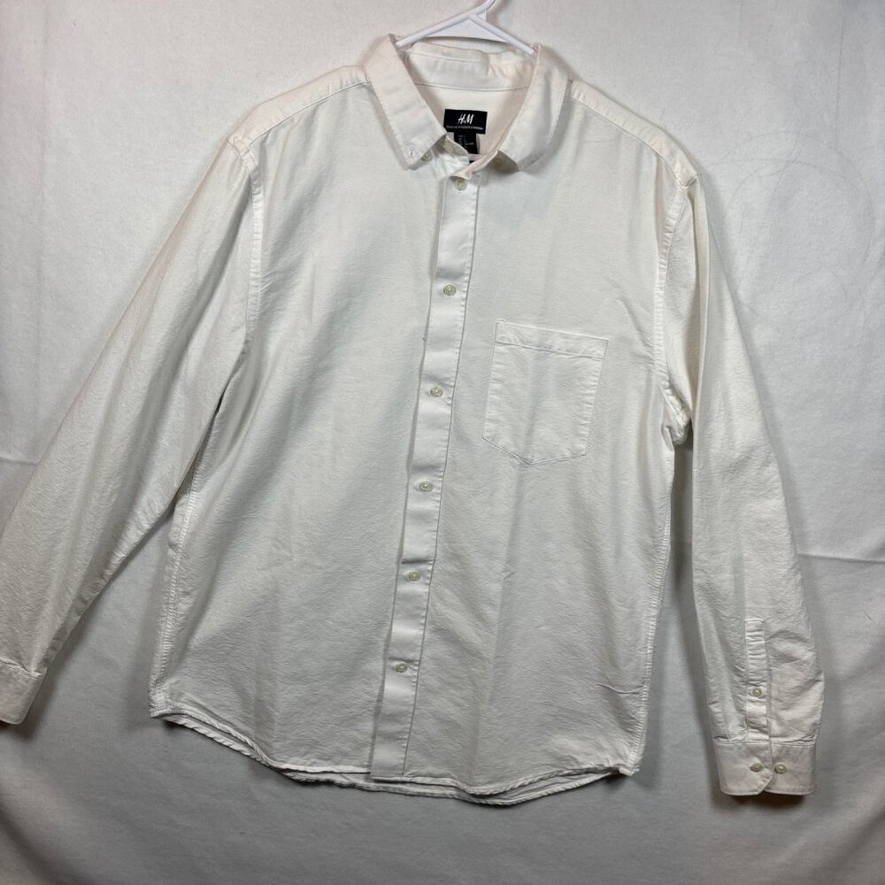 Men’s H&M White L/S Oxford Button Up Shirt Regular Fit Sz Large Cotton‎